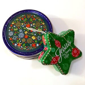 Christmas Tins Bundle of 2 Empty Danish Cookie Star Green Blue Religious Gift